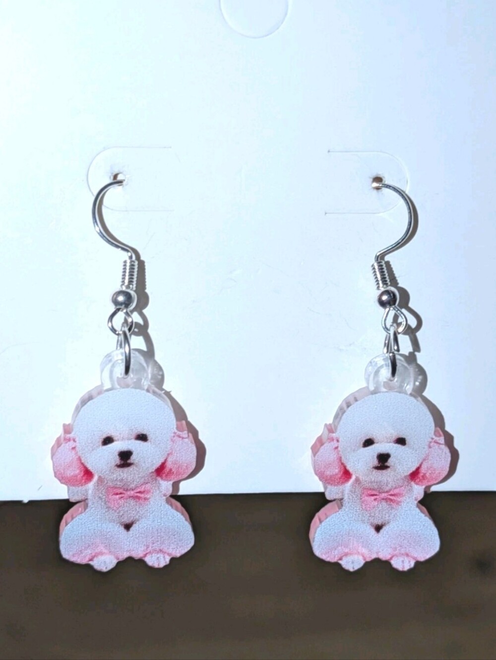 Hand Crafted Pink and White Puppy Drop Earrings